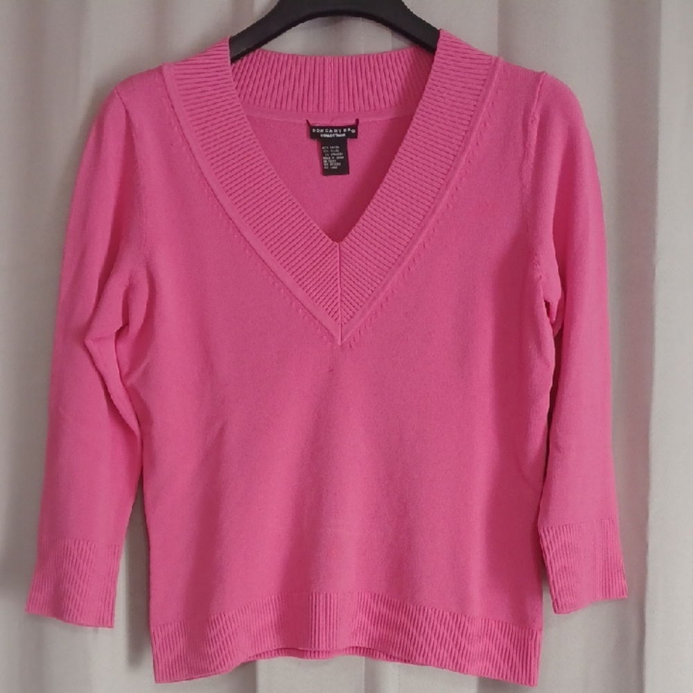 Doncaster Collection Bright Pink V-Neck Sweater 3/4 Sleeve Stretchy